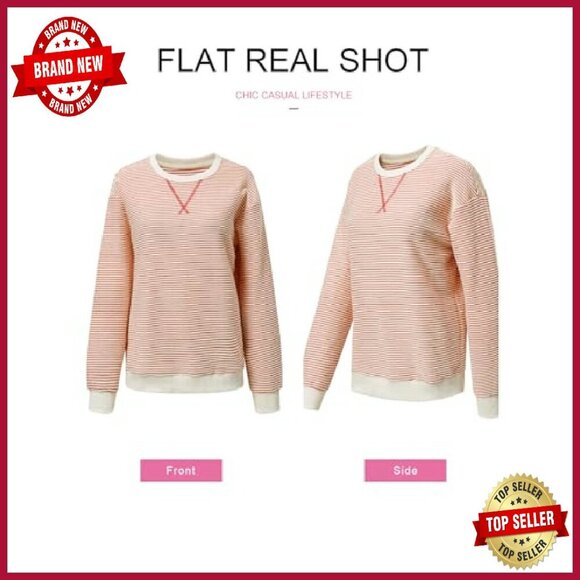 Women's Striped Crewneck Sweatshirt Long Sleeve Pullover Cotton Blend Loose Fit - Picture 5 of 8